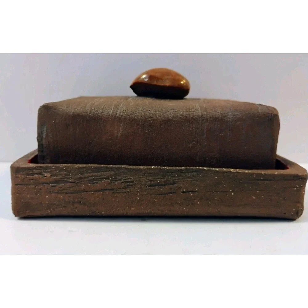 Vintage Studio Pottery Butter Dish Faux Bois Wood Bark Ceramic Covered Box Red